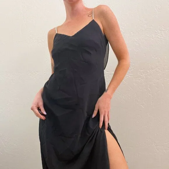 Vintage 1990s Black Chiffon Rhinestone Strap Low Back Midi Dress - Picture 7 of 7